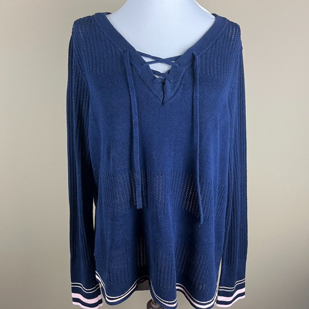 Maurices Long Sleeve Sweater Size L Navy Blue with Pink Collegiate Stripe